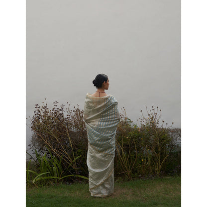 Five Point Five Green Asymmetric Gold Zari Stripes Woven Saree with Unstitched Blouse