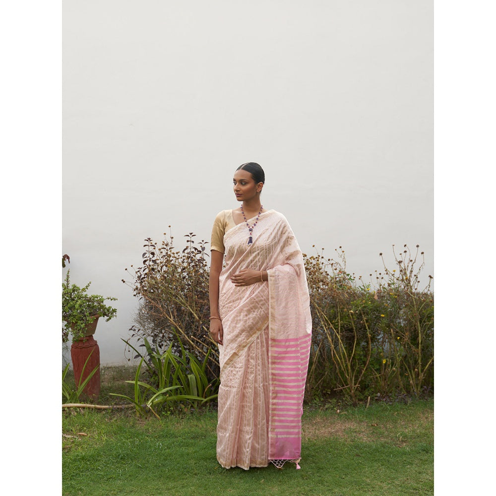 Five Point Five Pink Asymmetric Gold Zari Stripes Woven Saree with Unstitched Blouse