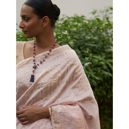 Five Point Five Pink Asymmetric Gold Zari Stripes Woven Saree with Unstitched Blouse