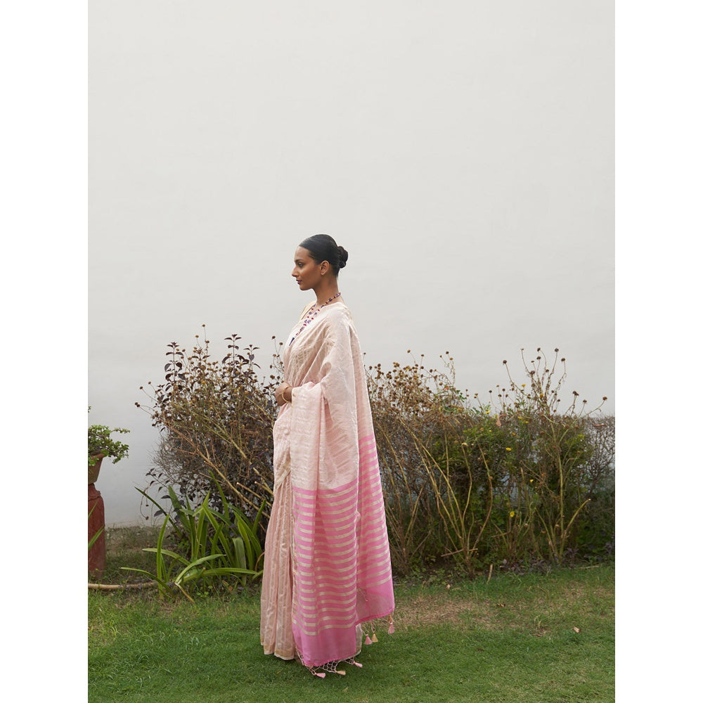 Five Point Five Pink Asymmetric Gold Zari Stripes Woven Saree with Unstitched Blouse