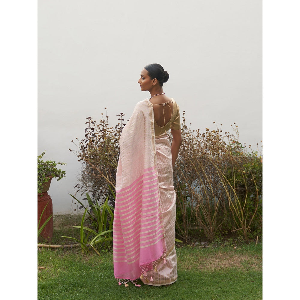 Five Point Five Pink Asymmetric Gold Zari Stripes Woven Saree with Unstitched Blouse