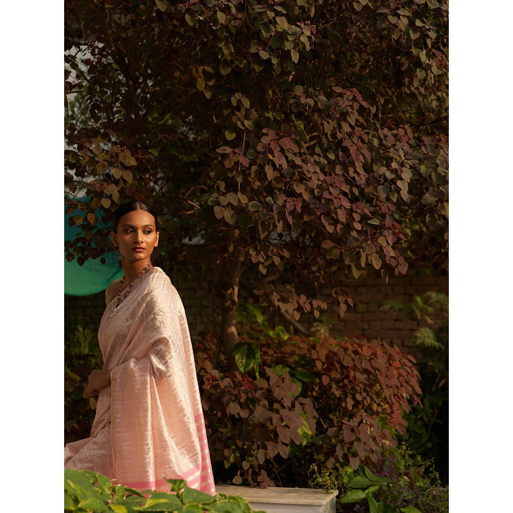 Five Point Five Pink Asymmetric Gold Zari Stripes Woven Saree with Unstitched Blouse