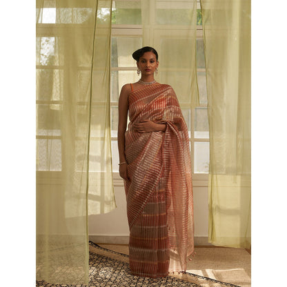 Five Point Five Multi-Colour Stripes Woven Overall Saree with Unstitched Blouse