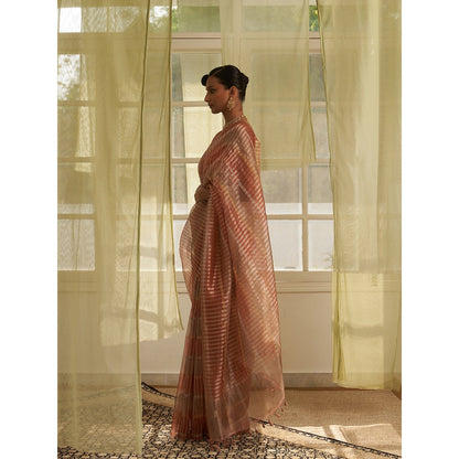 Five Point Five Multi-Colour Stripes Woven Overall Saree with Unstitched Blouse