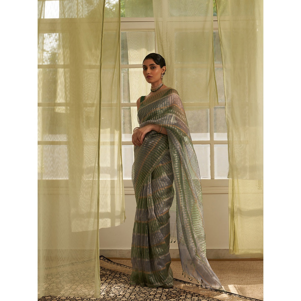 Five Point Five Green Stripes Woven Overall Saree with Unstitched Blouse