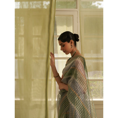 Five Point Five Green Stripes Woven Overall Saree with Unstitched Blouse