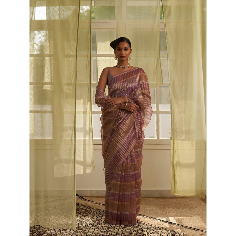 Five Point Five Purple Stripes Woven Overall Saree with Unstitched Blouse