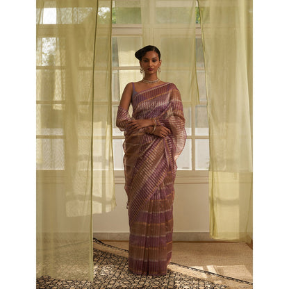 Five Point Five Purple Stripes Woven Overall Saree with Unstitched Blouse