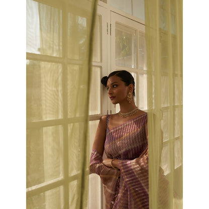 Five Point Five Purple Stripes Woven Overall Saree with Unstitched Blouse