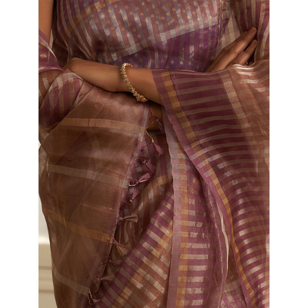 Five Point Five Purple Stripes Woven Overall Saree with Unstitched Blouse