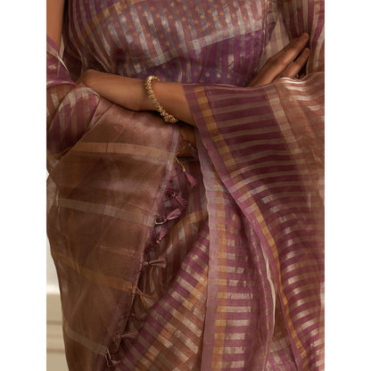 Five Point Five Purple Stripes Woven Overall Saree with Unstitched Blouse