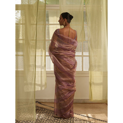 Five Point Five Purple Stripes Woven Overall Saree with Unstitched Blouse