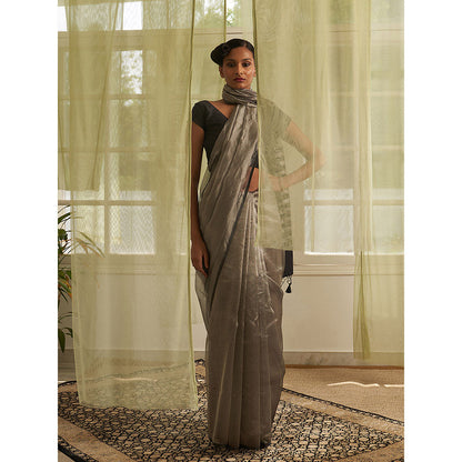 Five Point Five Silver Stripes Of Chanderi Cotton Woven Saree with Unstitched Blouse