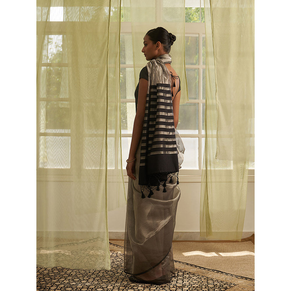 Five Point Five Silver Stripes Of Chanderi Cotton Woven Saree with Unstitched Blouse