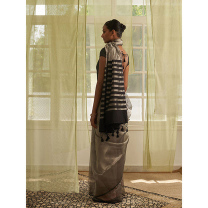 Five Point Five Silver Stripes Of Chanderi Cotton Woven Saree with Unstitched Blouse