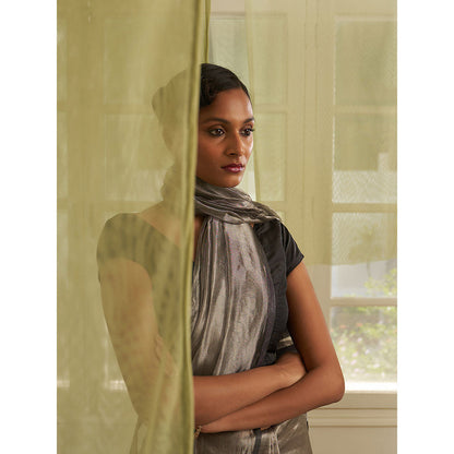 Five Point Five Silver Stripes Of Chanderi Cotton Woven Saree with Unstitched Blouse