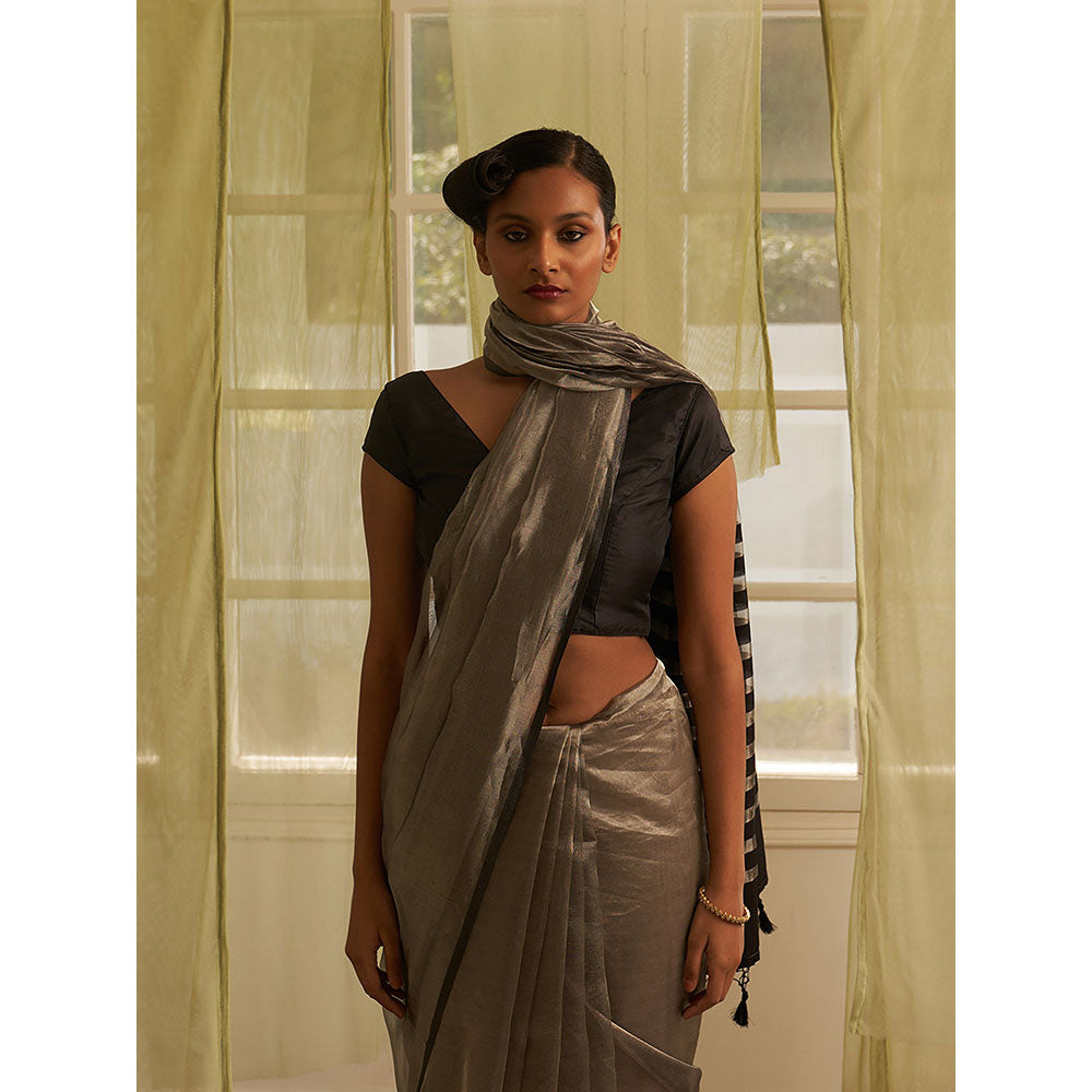 Five Point Five Silver Stripes Of Chanderi Cotton Woven Saree with Unstitched Blouse