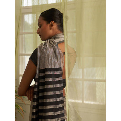 Five Point Five Silver Stripes Of Chanderi Cotton Woven Saree with Unstitched Blouse