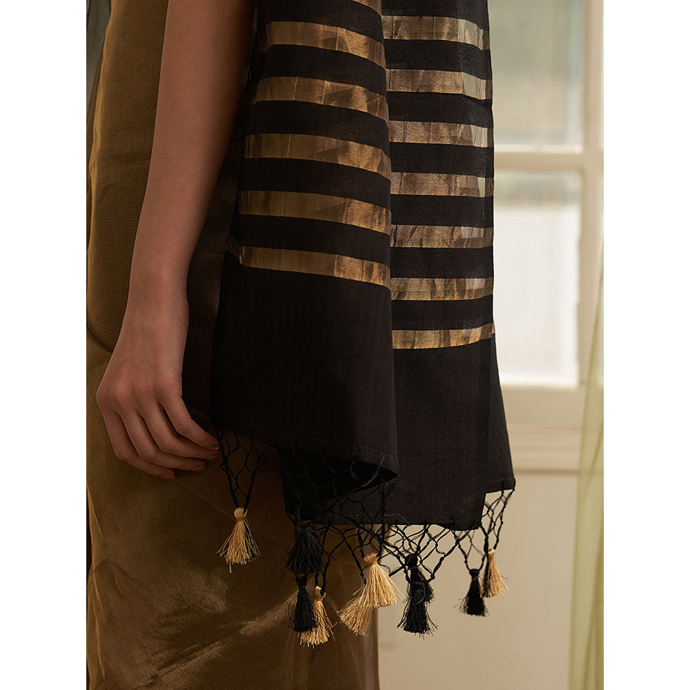 Five Point Five Gold Stripes Of Chanderi Cotton Woven Saree with Unstitched Blouse