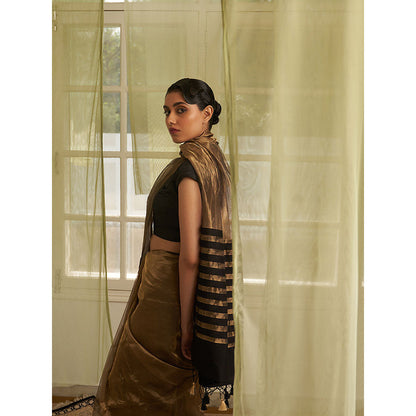 Five Point Five Gold Stripes Of Chanderi Cotton Woven Saree with Unstitched Blouse