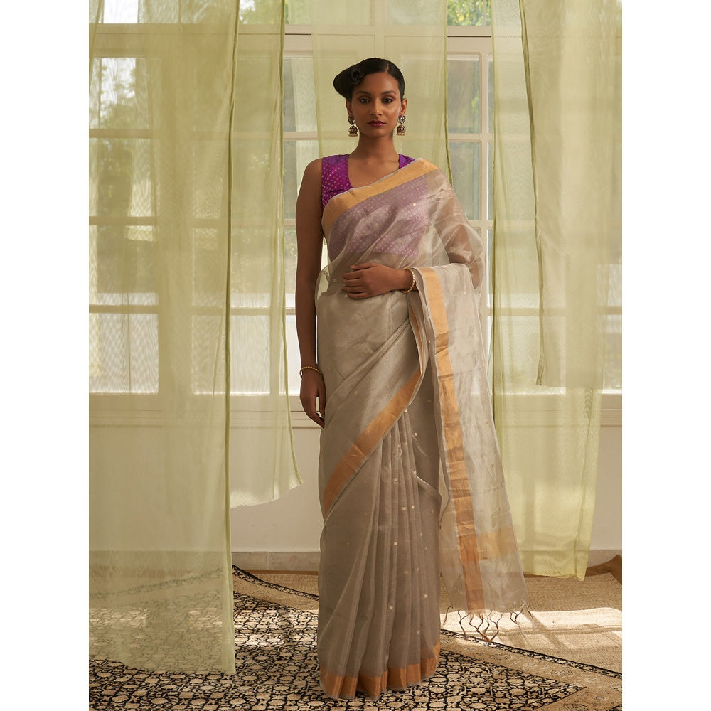 Five Point Five Grey Polka Dots Woven Saree with Unstitched Blouse