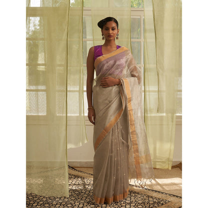 Five Point Five Grey Polka Dots Woven Saree with Unstitched Blouse