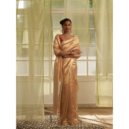 Five Point Five Traditional Border Woven Gold Saree with Unstitched Blouse