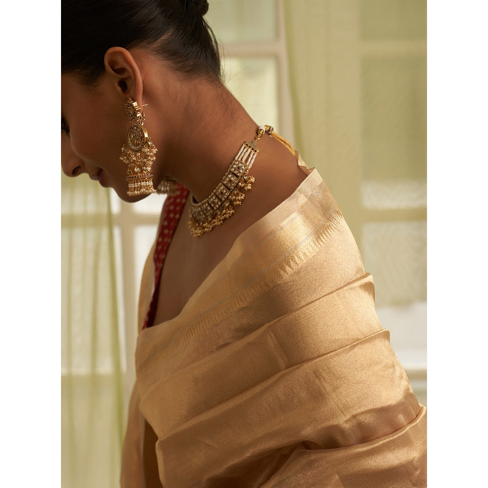 Five Point Five Traditional Border Woven Gold Saree with Unstitched Blouse