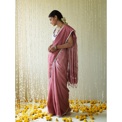 Five Point Five Mauve Woven Stripes On Pallu Saree with Unstitched Blouse