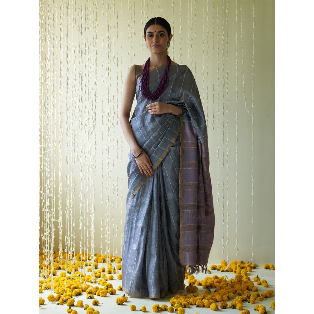 Five Point Five Purple Stripes Woven Overall Saree with Unstitched Blouse