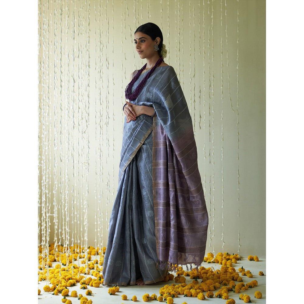 Five Point Five Purple Stripes Woven Overall Saree with Unstitched Blouse