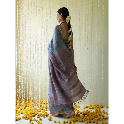 Five Point Five Purple Stripes Woven Overall Saree with Unstitched Blouse