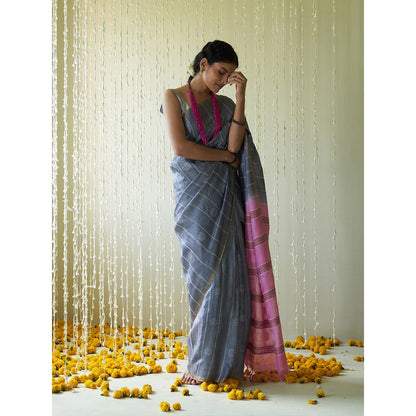 Five Point Five Blue Stripes Woven Overall Saree with Unstitched Blouse