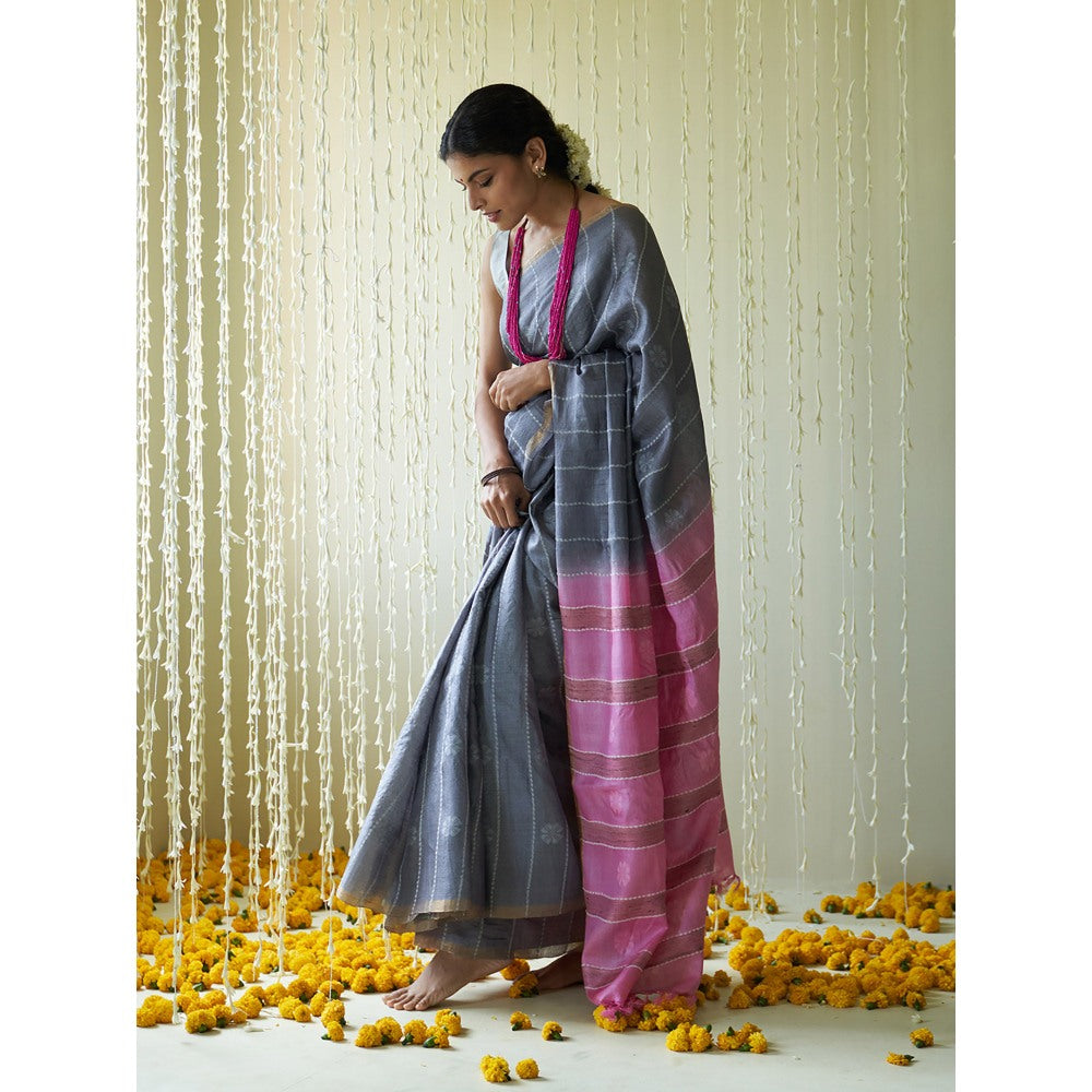 Five Point Five Blue Stripes Woven Overall Saree with Unstitched Blouse