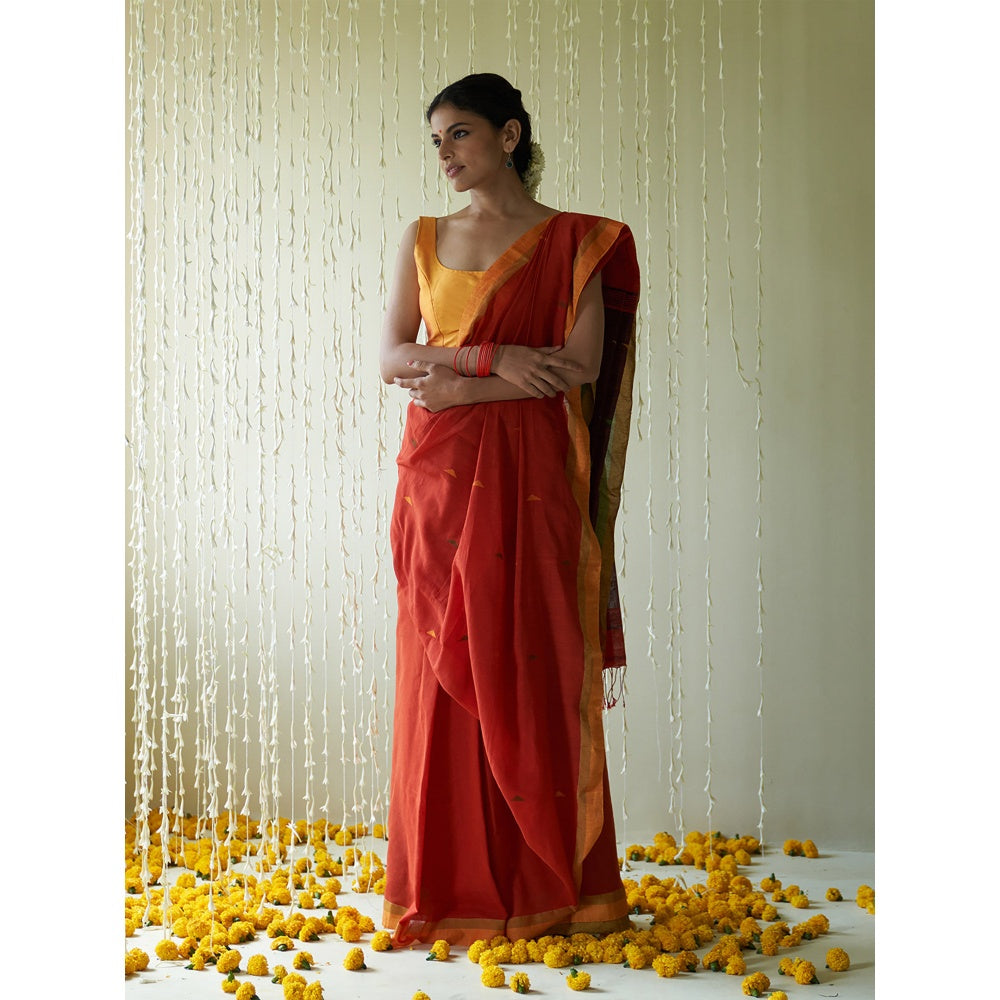 Five Point Five Red Motif Woven Saree with Unstitched Blouse