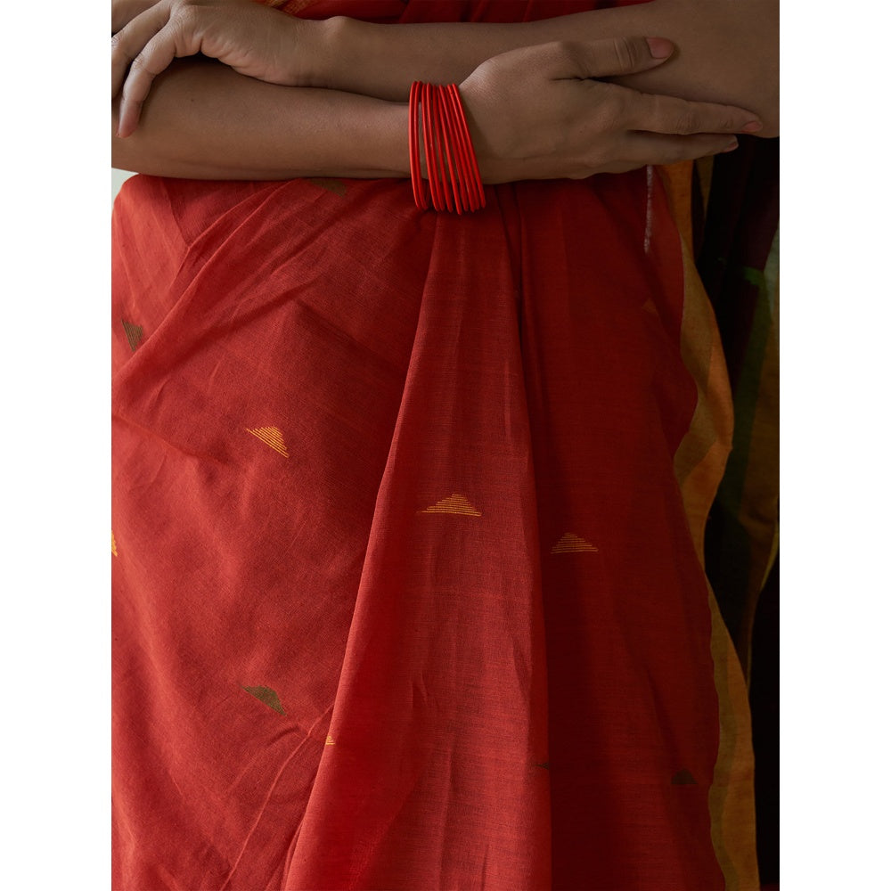 Five Point Five Red Motif Woven Saree with Unstitched Blouse
