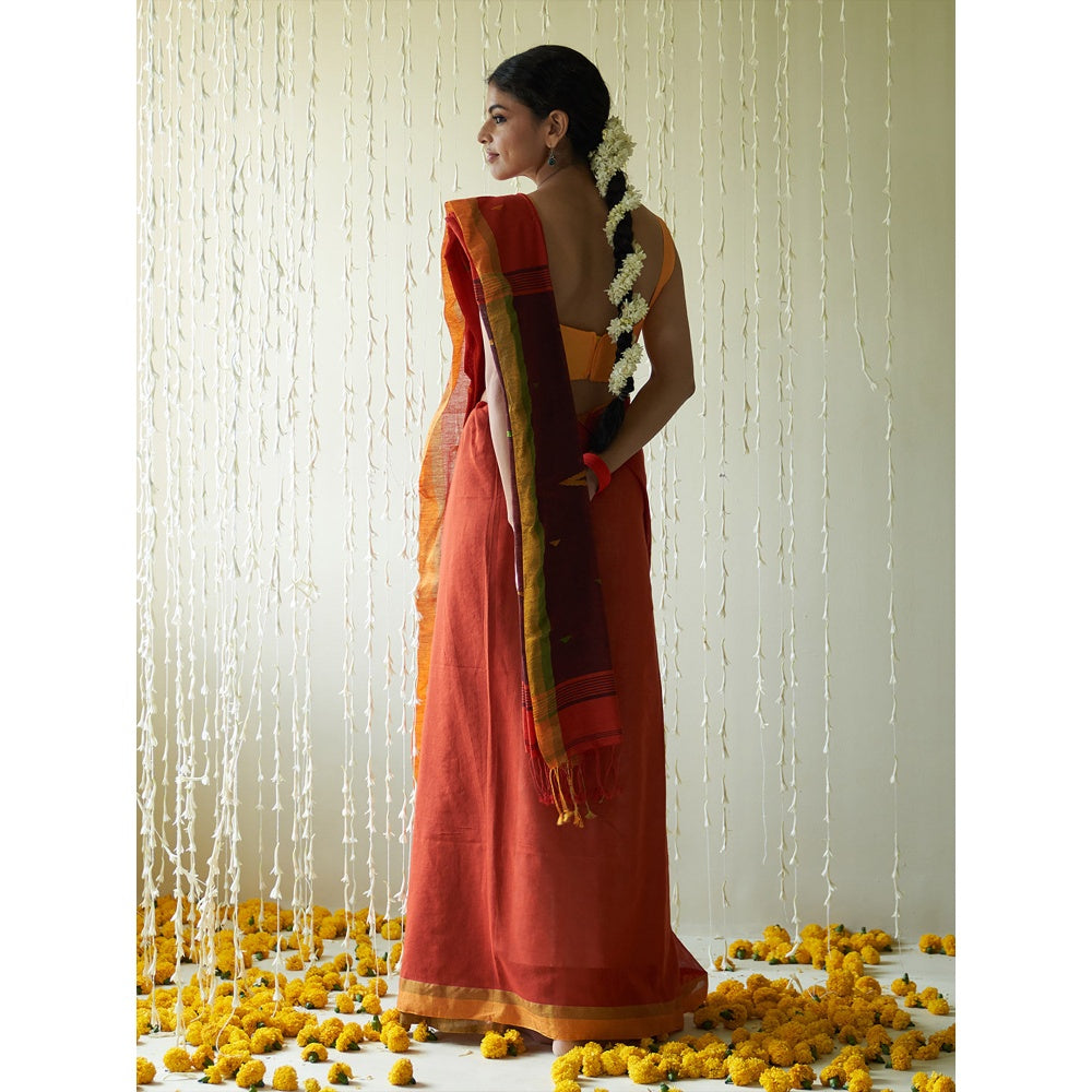 Five Point Five Red Motif Woven Saree with Unstitched Blouse