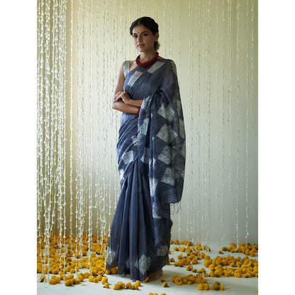 Five Point Five Blue Shibori In Diamond Shape Saree with Unstitched Blouse