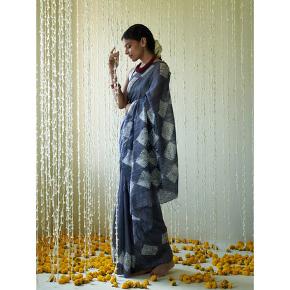 Five Point Five Blue Shibori In Diamond Shape Saree with Unstitched Blouse