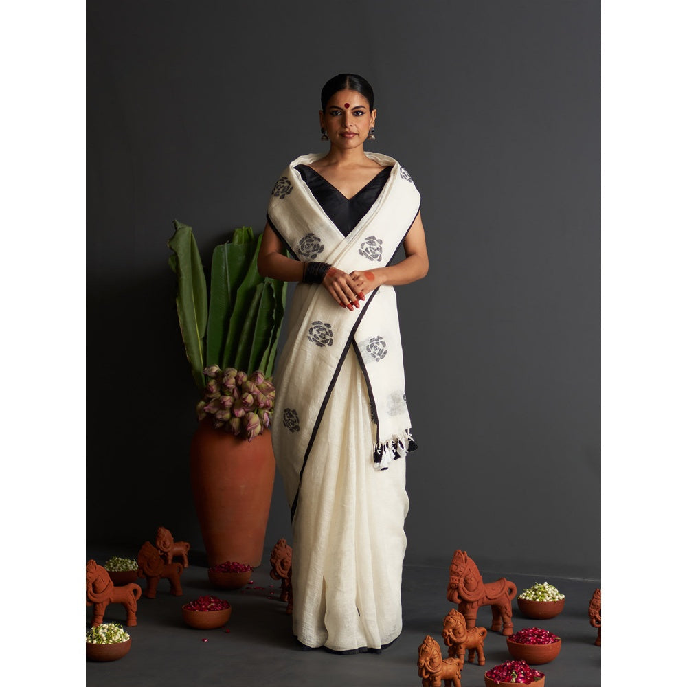Five Point Five White Rose Motif Woven Saree with Unstitched Blouse