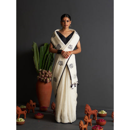 Five Point Five White Rose Motif Woven Saree with Unstitched Blouse