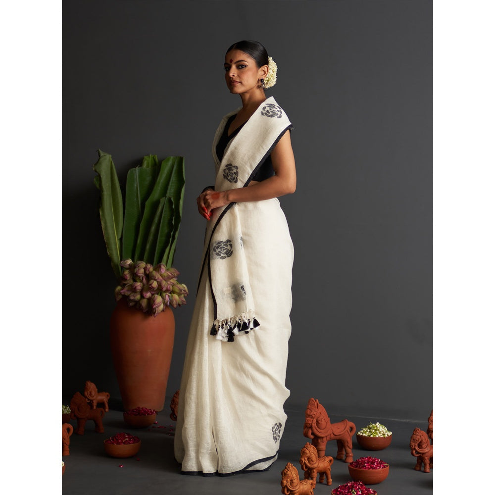 Five Point Five White Rose Motif Woven Saree with Unstitched Blouse