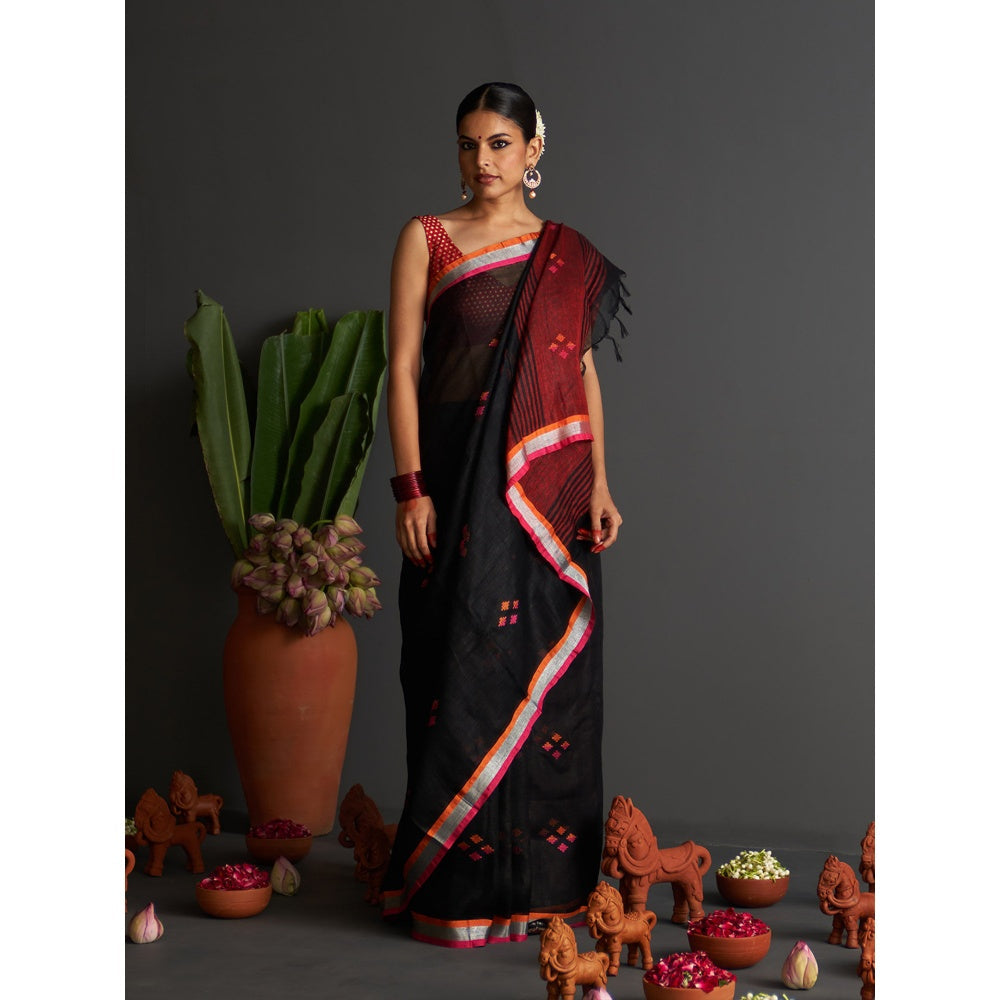 Five Point Five Black Motif Woven Overall Saree with Unstitched Blouse