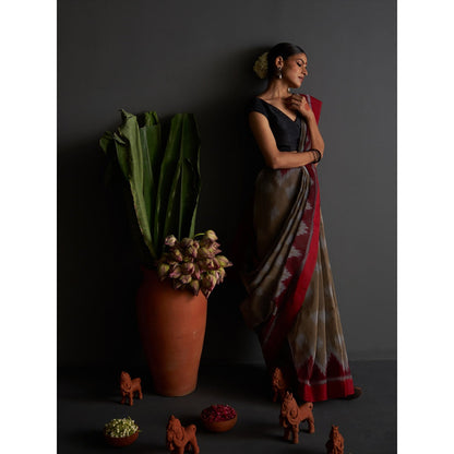 Five Point Five Multi-Colour Ikat Woven Pattern Saree with Unstitched Blouse