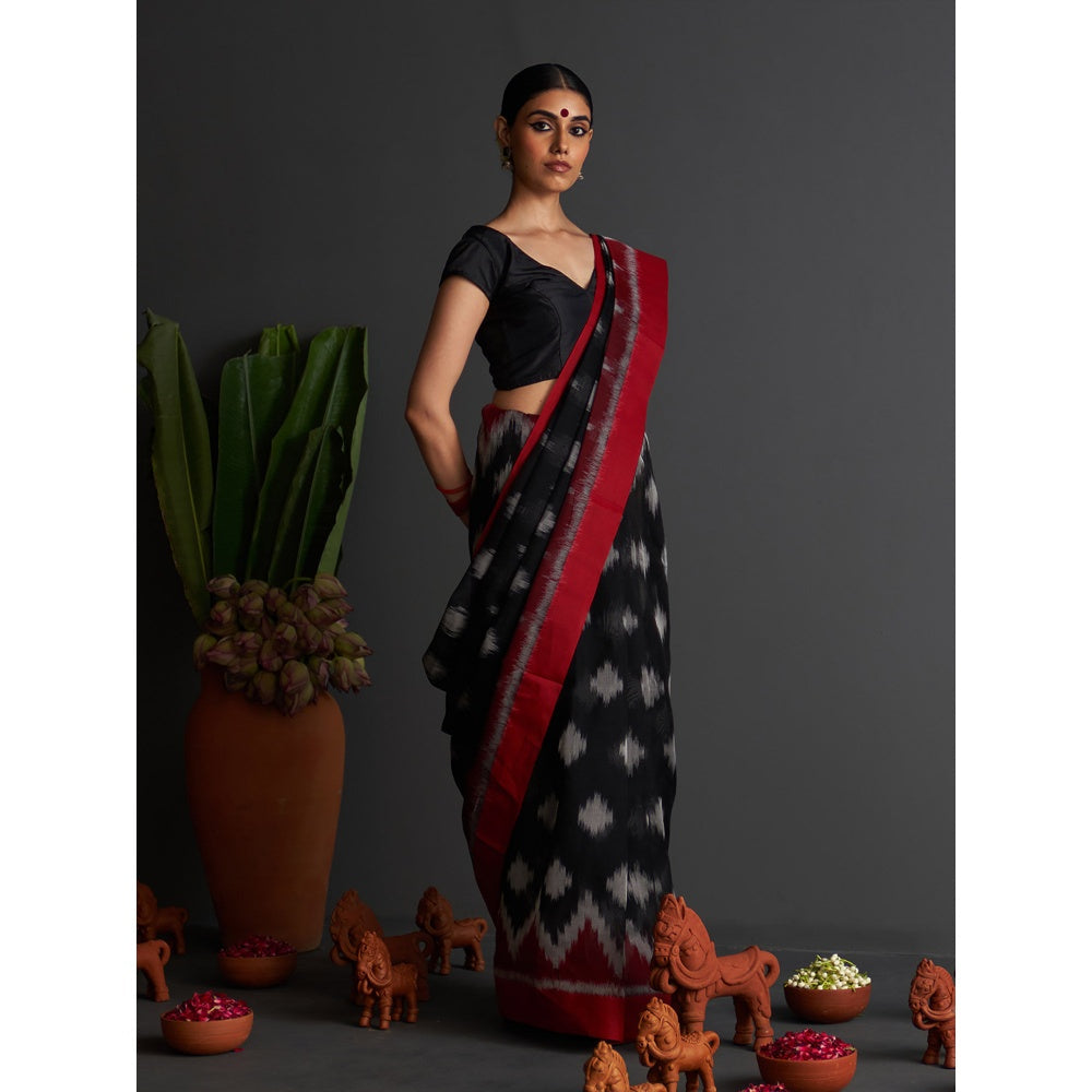 Five Point Five Black Ikat Woven Pattern Saree with Unstitched Blouse