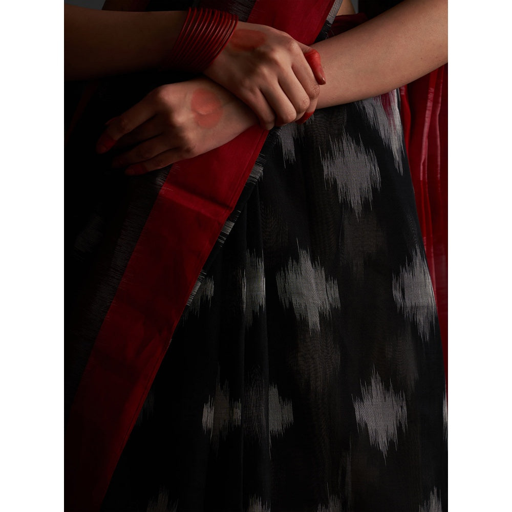 Five Point Five Black Ikat Woven Pattern Saree with Unstitched Blouse