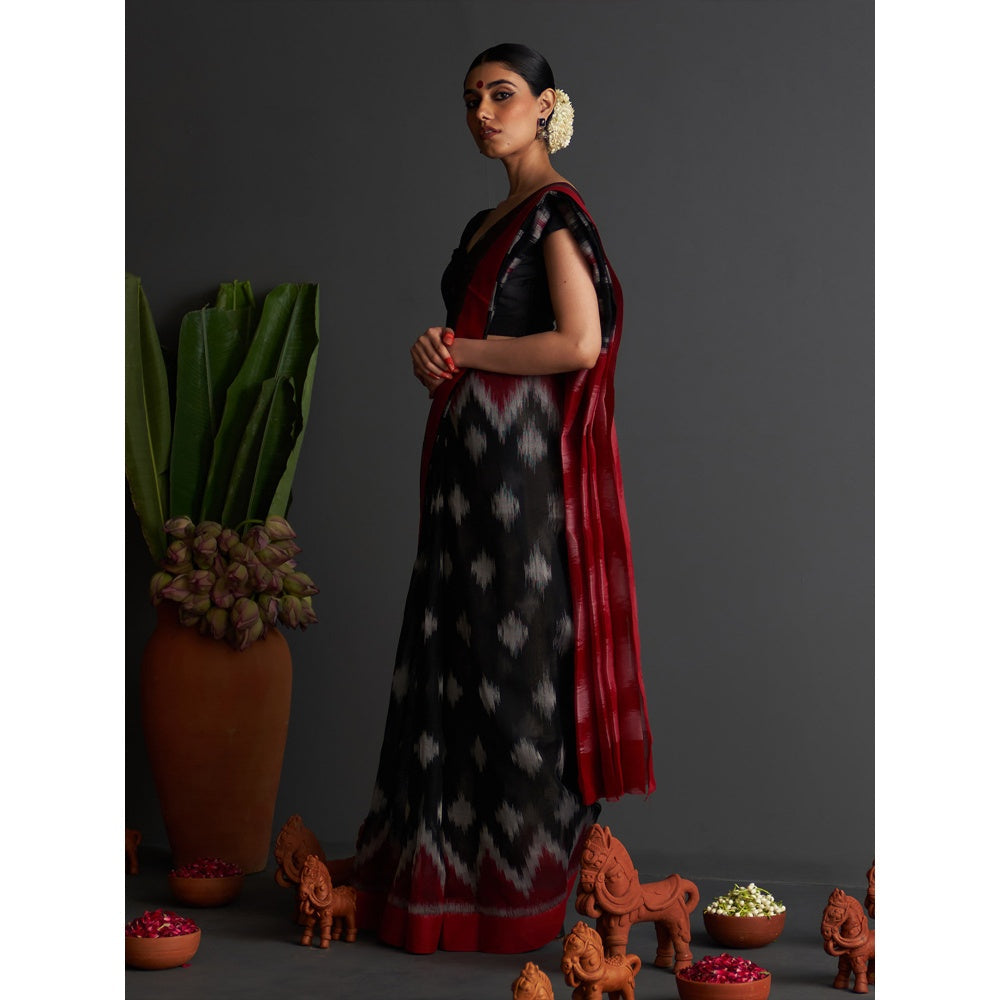 Five Point Five Black Ikat Woven Pattern Saree with Unstitched Blouse