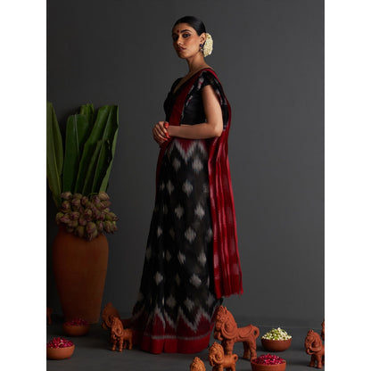 Five Point Five Black Ikat Woven Pattern Saree with Unstitched Blouse