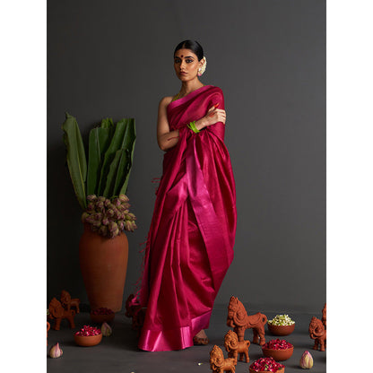 Five Point Five Pink Woven Overall Saree with Unstitched Blouse