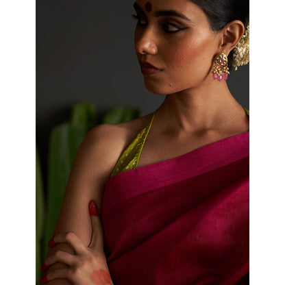 Five Point Five Pink Woven Overall Saree with Unstitched Blouse